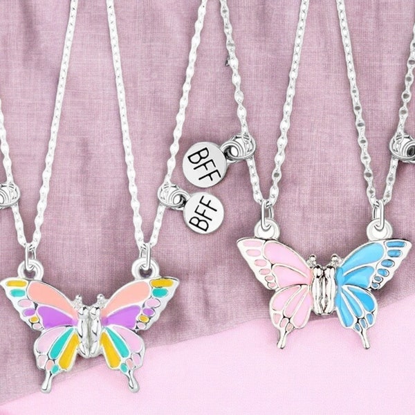 ENFANT - Lot de 2 Chaines Colliers D'amitié Papillon - BFF Best Friends Forever - Fantaisie - Pendentif Aimanté