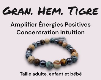 Naturstein-Armband – mehrfarbiges Granit-Hämatit-Tigerauge – verstärkt positive Energien, Konzentration, Intuition