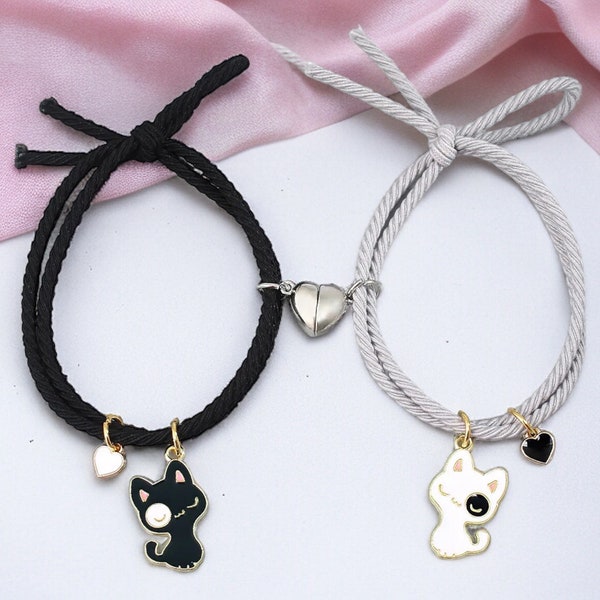 ENFANT - Lot de 2 Bracelets Cordon Elastique D'amitié Petit Chat - BFF Best Friends Forever - Fantaisie - Pendentif Aimanté