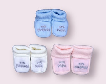 Chaussons Bébé - 50 Maman 50 Papa Brodés Naissance Layette / Annonce Grossesse Naissance