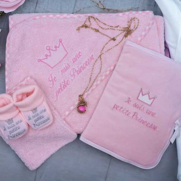 Coffret Petite Princesse - Cape Bain Gant Couverture Carnet Santé Chausson Bola Rose - Cadeau Naissance Layette Annonce Grossesse - Bébé