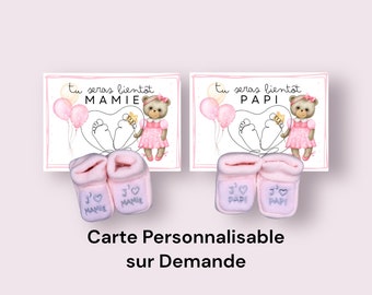 Chaussons + Carte Annonce Grossesse Bébé Nouveau Né - J'aime Mamie ou Papi Rose Brodés Layette / Annonce Naissance Grands Mère Parents