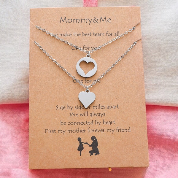 Set of 2 Mother Daughter Necklace Chains - Family Parents Child Mom Daughter - Fancy - Heart Pendant - Stainless Steel