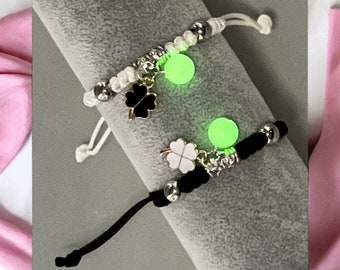 Lot de 2 Bracelets Cordon Réglable D'amitié Trèfle - BFF Best Friends Forever - Fantaisie - Pendentif Phosphorescent