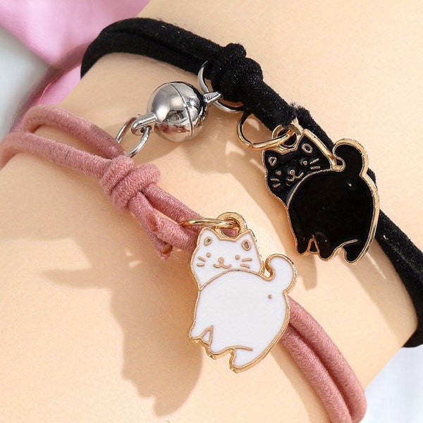 ENFANT - Lot de 2 Bracelets Cordon Elastique D'amitié Chat - BFF Best Friends Forever - Fantaisie - Pendentif Aimanté