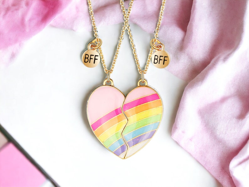 ENFANT Lot de 2 Chaines Colliers D'amitié Coeur Arc en ciel BFF Best Friends Forever Fantaisie Pendentif Aimanté afbeelding 3