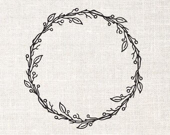 May include: Black and white line art illustration of a wreath made of branches and leaves. The wreath is circular and has a rustic, cottagecore aesthetic.