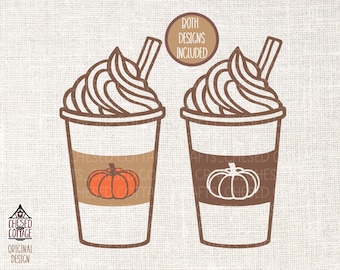 May include: Two brown outline illustrations of pumpkin spice lattes with whipped cream and a straw. The lattes have a brown pumpkin graphic on the side.
