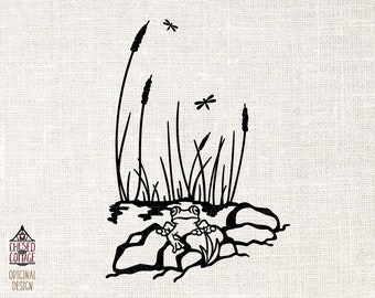 Frog in Pond SVG, Frog SVG, Pond SVG, Tree Frog Svg, Dragonflies Svg, Woodland Animal Svg, Svg, Png, Eps, Dxf, Digital Download