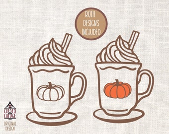 May include: Two brown line art illustrations of mugs with whipped cream and a straw. Each mug has a pumpkin design on the front. The text "BOTH DESIGNS INCLUDED" is in a circle above the mugs.