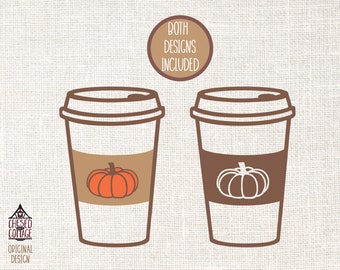 May include: Two brown to-go coffee cups with white lids. Each cup has a brown band with a pumpkin graphic. The pumpkin on the left cup is orange and the pumpkin on the right cup is white.