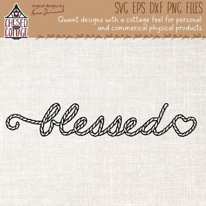 Puede incluir: Diseño gráfico en blanco y negro de la palabra "bendecido" escrita en una fuente de estilo cuerda. La letra "d" tiene forma de corazón.