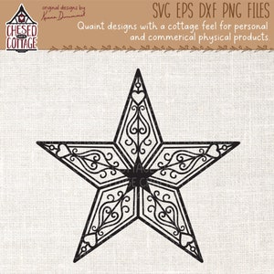 May include: Black and white silhouette of a five-pointed star with intricate, decorative details. The star has a heart shape at each point and a swirling, floral design in the center.