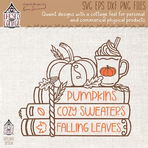 May include: A digital illustration of a stack of books with the words "Pumpkins", "Cozy Sweaters", and "Falling Leaves" written on them. A pumpkin, a cup of hot cocoa with whipped cream, and a sprig of leaves are on top of the books.