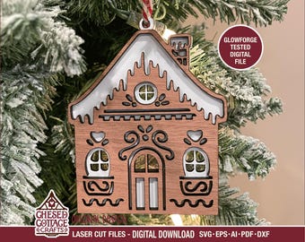 Adorno navideño láser SVG, Adorno de casa de jengibre SVG, SVG láser, SVG Glowforge, Archivo DXF láser, EPS, PDF, DXF, AI, Descarga digital