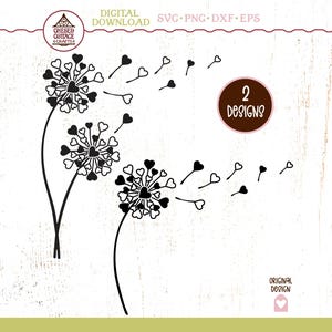 Puede incluir: Diseño digital en blanco y negro con dos flores de diente de león con semillas en forma de corazón soplando en el viento. El diseño incluye el texto "DESCARGA DIGITAL" y "2 DISEÑOS". La imagen está sobre un fondo blanco con textura de vetas de madera.