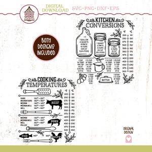 Puede incluir: Descarga digital en blanco y negro con tablas de conversión de cocina y temperaturas de cocción. Incluye medidas para líquidos, ingredientes secos y temperaturas de carne en grados Celsius y Fahrenheit. El texto incluye "Kitchen Conversions" y "Cooking Temperatures".