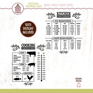 May include: Digital download graphic with kitchen conversion charts and cooking temperatures for beef, pork, fish, and poultry. Includes dry and liquid measurements, with both Fahrenheit and Celsius temperatures. The text includes "Digital Download" and "Both Designs Included."