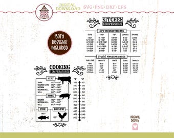 Kitchen Conversion SVG Bundle, Kitchen Conversion Chart SVG, Kitchen Measurements SVG, Cooking Temperature Chart, Png, Pdf, Digital Files