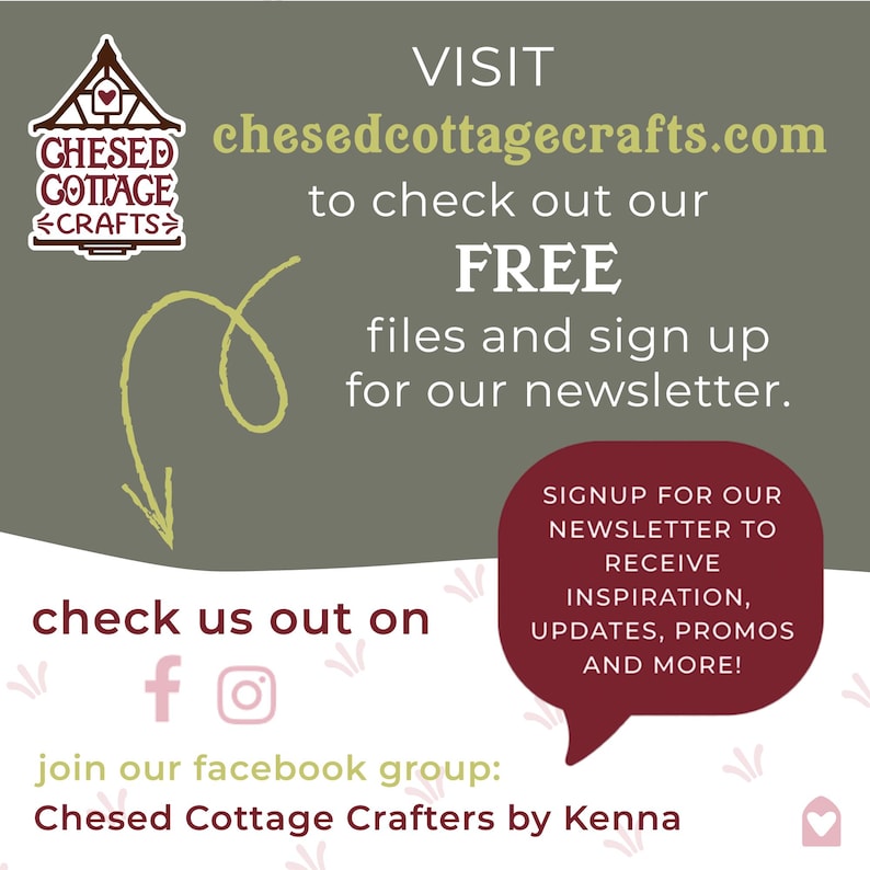 以下が含まれることがあります： 「chesedcottagecrafts.com」にアクセスし、「無料ファイル」と「ニュースレターの登録」を促す広告。ソーシャルメディアのアイコンと、インスピレーション、アップデート、プロモーションなどのニュースレター登録を促すメッセージが含まれています。