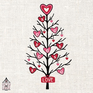 Può includere: Una silhouette nera di un albero con cuori rosa come ornamenti. L'albero ha un cartello in basso che dice "LOVE".