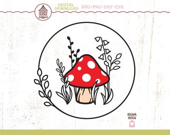 Paddenstoel SVG, rode paddestoel SVG, krans SVG, paddestoel krans Svg, Cottagecore Svg, Cottage Core Svg, paddestoel png, digitale download