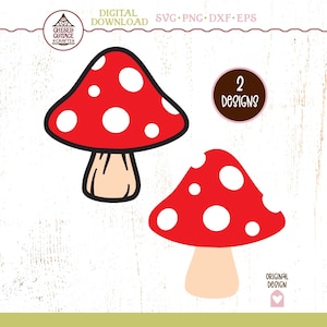 Könnte beinhalten: Zwei Pilzdesigns mit roten Kappen und weißen Punkten. Die Pilzstiele sind beige. Das Bild enthält den Text "DIGITAL DOWNLOAD SVG PNG DXF EPS" und "2 DESIGNS".