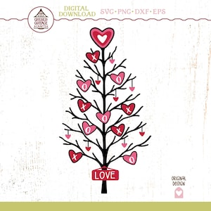 May include: A digital download graphic of a tree decorated with red and pink hearts. The tree has a black trunk and branches, with the word "LOVE" at the base. The image includes the text "DIGITAL DOWNLOAD SVG PNG DXF EPS".