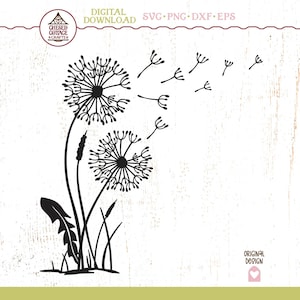 May include: Black and white digital design of dandelions. Two large dandelion seed heads are shown, with several seeds blowing away in the wind. The words "DIGITAL DOWNLOAD SVG PNG DXF EPS" are at the top. The words "ORIGINAL DESIGN" are at the bottom.