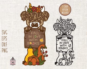 SVG de vaca de las Tierras Altas de otoño, SVG de otoño, SVG de vaca de las Tierras Altas, SVG para amantes de los libros, SVG de libros, SVG de otoño, PNG de camisa de otoño, PNG, DXF, EPS, descarga digital