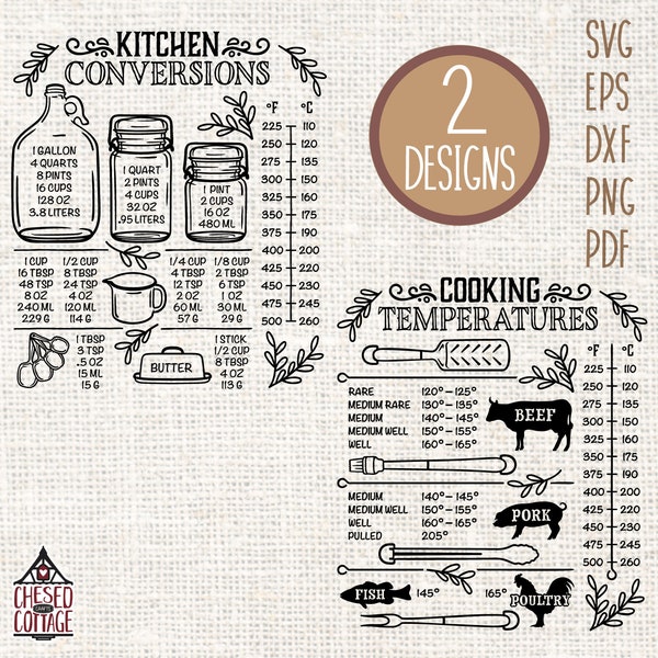 Kitchen Conversion SVG Bundle, Kitchen Conversion Chart SVG, Kitchen Measurements SVG, Cooking Temperature Chart Svg, Digital Download