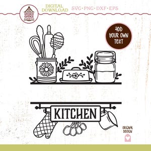 May include: A black and white line drawing of kitchen-related objects. It features a jar with utensils, a butter dish, and a jar above a sign that says "KITCHEN". An oven glove, measuring spoons, and a mug are below the sign. The words "DIGITAL DOWNLOAD" are at the top.