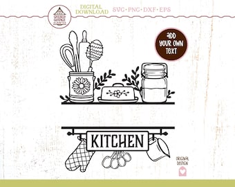 May include: Black and white line art of kitchen-themed items. A jar with utensils, a butter dish, and a jar are above a sign that reads "KITCHEN". An oven mitt, measuring spoons, and a mug are below the sign. The words "DIGITAL DOWNLOAD" are at the top.