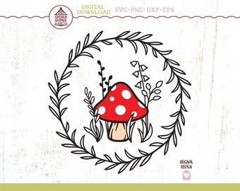 Paddenstoel SVG, rode paddestoel SVG, lauwerkrans SVG, paddenstoelkrans Svg, Cottagecore Svg, Cottage Core Svg, Boho-paddenstoel, digitale download