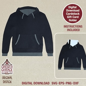 May include: A navy blue hoodie cardstock gift card holder with gray accents. The design includes a kangaroo pocket and hood. The image also includes the text "Digital Download Cardstock Gift Card Holder" and "Instructions Included."