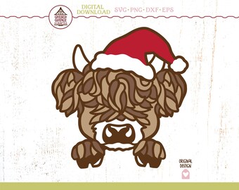 Könnte beinhalten: Digitale Illustration einer Hochlandkuh mit rotem Weihnachtsmütze. Die Kuh ist braun und hellbraun mit weißem Gesicht und Hörnern. Das Bild ist mit "Digitaler Download" beschriftet und enthält den Text "SVG PNG DXF EPS".