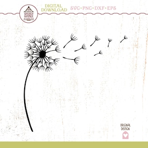 May include: Black and white dandelion vector graphic with seeds blowing away. The image includes the text "DIGITAL DOWNLOAD SVG PNG DXF EPS" and the logo "CHESEB COTTAGE & CRAFTS". The words "ORIGINAL DESIGN" are also present.