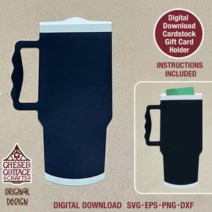 May include: A navy blue cardstock gift card holder shaped like a beer mug, with a white rim and base. The design includes a handle and the text "Digital Download Cardstock Gift Card Holder" and "Instructions Included".