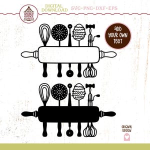 Puede incluir: Gráfico de descarga digital que presenta un rodillo con varios utensilios de cocina, como un batidor, una cuchara ranurada y una herramienta en forma de huevo. Disponible en formatos SVG, PNG, DXF y EPS. Incluye el texto "ADD YOUR OWN TEXT".