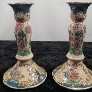 Ceramic Candlesticks - Floral Blue