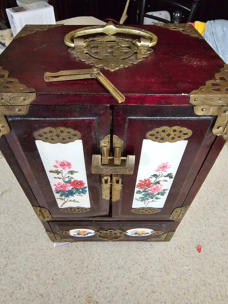 Vintage Chinese Rosewood Jade Jewelry Box, Adorned With Brass Trimmings ...