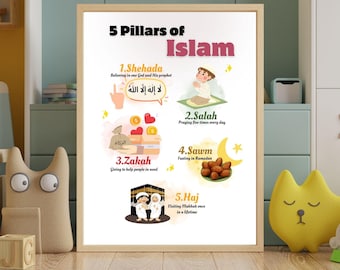 Könnte beinhalten: Eine farbenfrohe Illustration der fünf Säulen des Islam. Die Illustration zeigt für jede Säule eine Comicfigur, darunter das Beten, das Spenden, das Fasten und die Pilgerfahrt. Der Text enthält die arabischen Wörter für Gott und den Satz "Es gibt keinen Gott außer Allah".