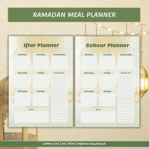 Puede incluir: Un planificador de comidas de Ramadán imprimible con un diseño verde y dorado. El planificador está dividido en dos secciones: Iftar Planner y Sohour Planner. Cada sección tiene un planificador de comidas semanal con espacio para notas y una lista de la compra.