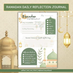May include: A digital Ramadan Daily Reflection Journal with a green and white design. The journal includes prompts for gratitude, learning, and self-care, with sections for Quran verses and daily prayers. The text "Ramadan Daily Reflection Journal" is at the top.