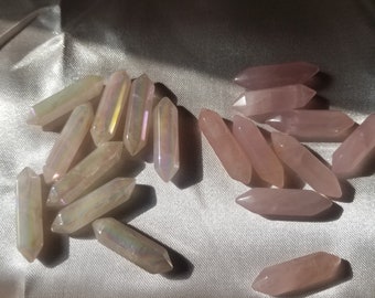 Rose Quartz & Aura Rose Quartz Double Terminated, Crystal Carving DT