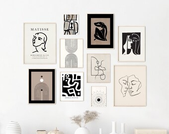 Puede incluir: Una pared de galería con nueve impresiones de arte abstracto en blanco y negro. Las impresiones presentan formas geométricas, líneas y figuras. Las impresiones están dispuestas en una cuadrícula en una pared blanca.