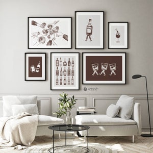 Barwagen 6er Set, Neutrale Wandkunst, druckbare Galeriewand, Braun Bar Dekor, Barwagen Drucke, Barwagen Dekor, Vintage Cocktailflasche