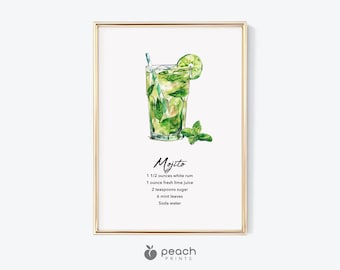 Cocktail Recipe Print, Printable Art, Mojito Recipe, Cocktail Recipe, Mojito Watercolor, Bar Decor, Kitchen Gifts, Digital Download