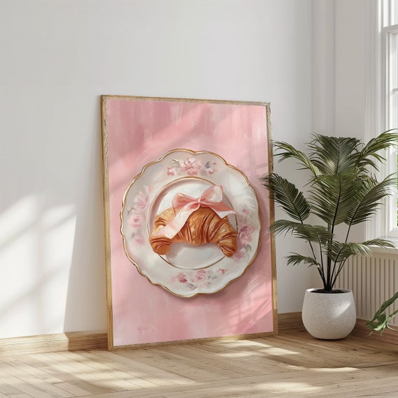 Pink Coquette Wall Art, Croissant with Bow, Pink Kitchen Art, Pastel Soft Aesthetic, Kitchen Painting, Trendy French Art