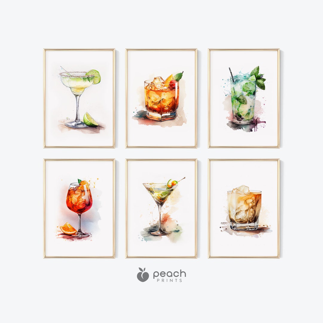 printable kitchen prints wall art, set of 6, hand... Cocktail Prints Set of 6, Printable Gallery Wall, Cocktail Watercolor ...